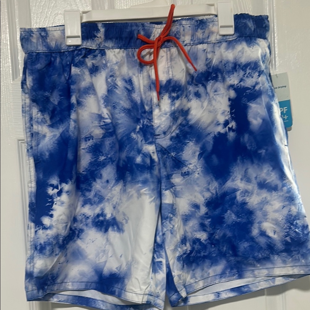 Blue and White Tie-Dye Swim Trunks with Drawstring Waist